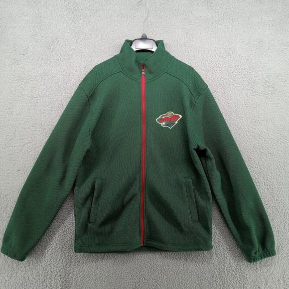 Minnesota Wild Jacket Mens Medium Green Waffle Knit Red Trim Team Logo‎ NHL